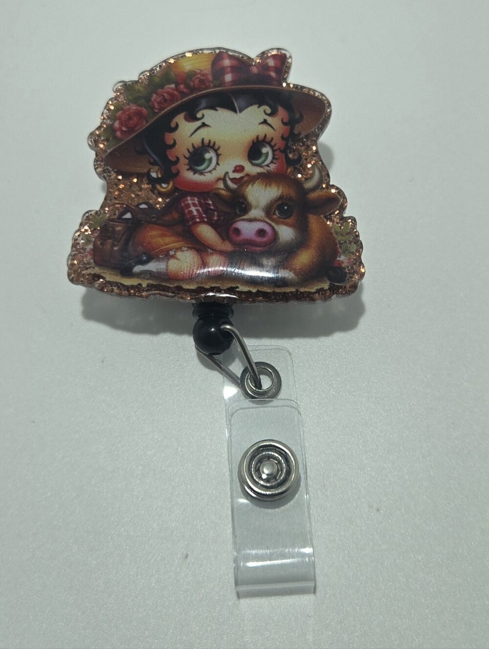 Glitter Cartoon Cow Retractable Badge Reel in Pink and Brown
